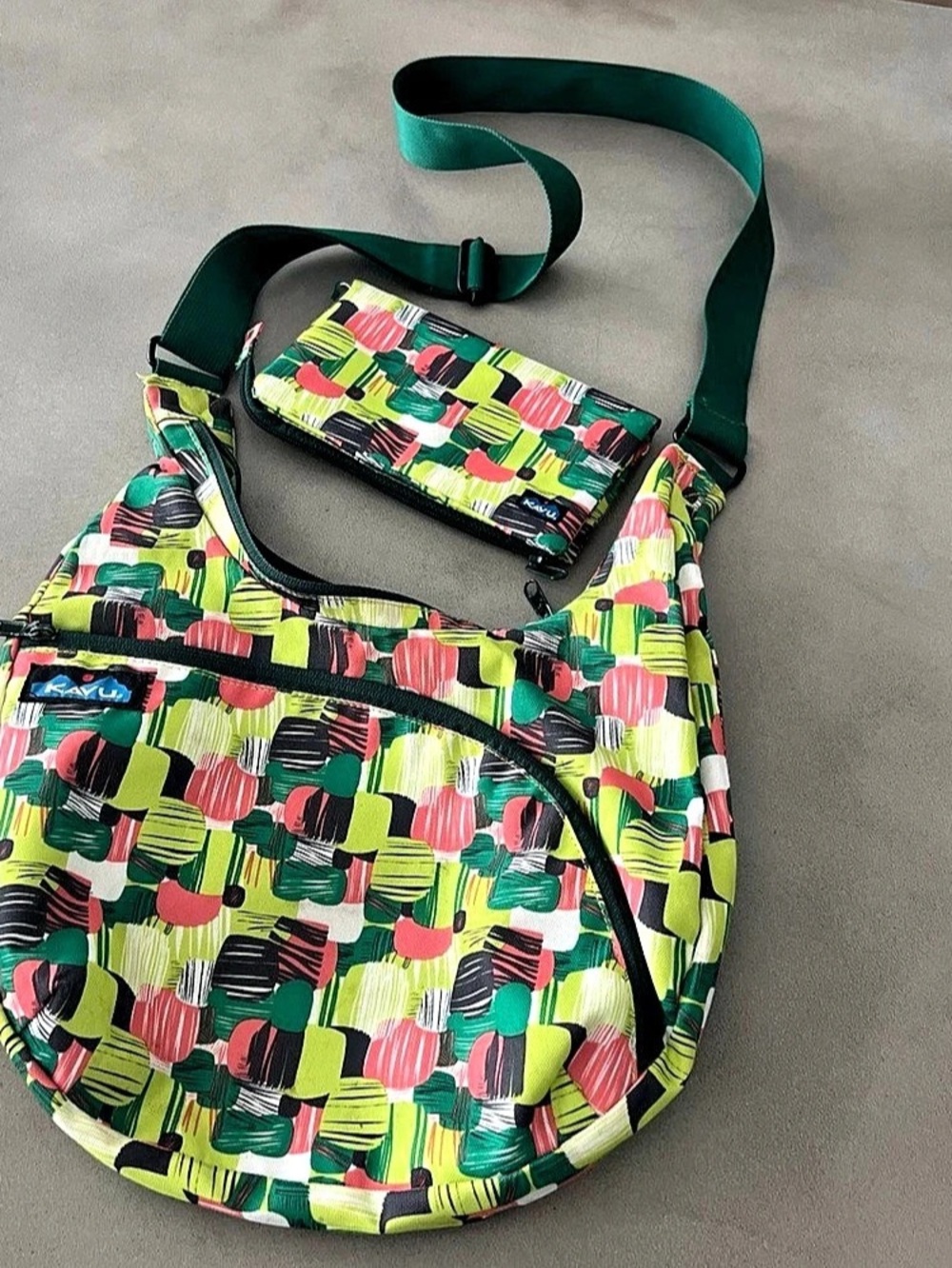 KAVU Rope Sling Bag Crossbody in Green & Pink